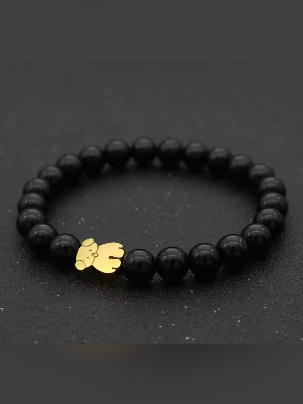 Black Beaded Bracelet with Gold Bear Accent - Men Accessories
